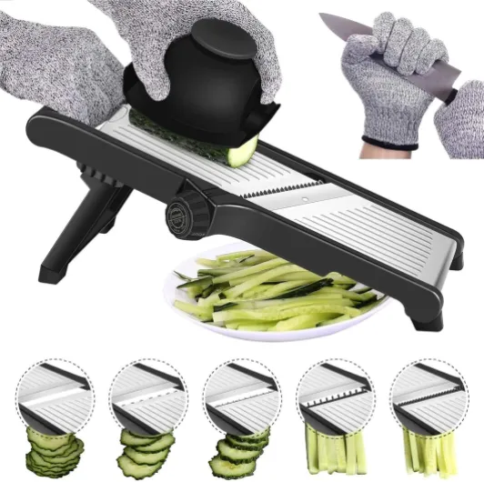 Mandoline Cuisine Coupe Legumes Multifonctions - Mandoline Professionnelle Réglable en Acier Inoxydable, Avec Protection des Mains, Réalisez des Tranches Épaisses de 1 à 9 mm, Decoupe Legumes Manuel Gris L