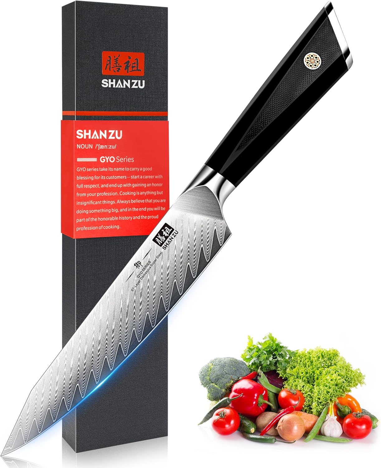 SHAN ZU Damascus Chef Knife 6 inch,67-Layer Japanese Steel 10Cr15CoMoV Kitchen Knife, High Carbon Super Sharp Japanese Chef Knife, All Purpose Professional Kitchen Utility Petty Knives with G10 Handle 6 Inch Damascus Chef Knife