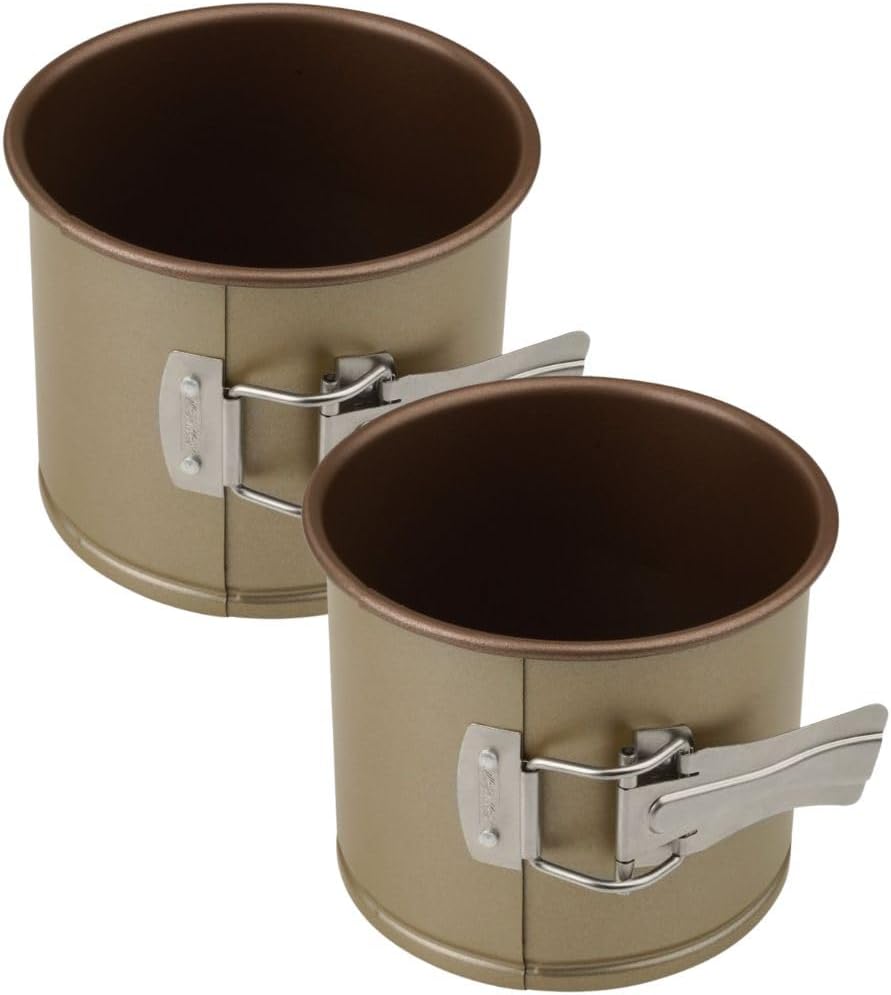 9345850 Lot de 2 Petits moules à panettone, moule à pain complet, bords hauts, à charnière, moule antiadhésif, fait en Allemagne, garanti 10 ans, Acier, céramique, doré, 12 x 10 cm