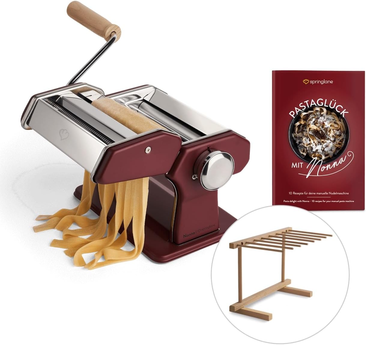 SPRINGLANE Machine à pâtes manuelle Nonna, en acier inoxydable, machine à pâtes comprenant un livret de recettes, un séchoir à pâtes (Rouge)