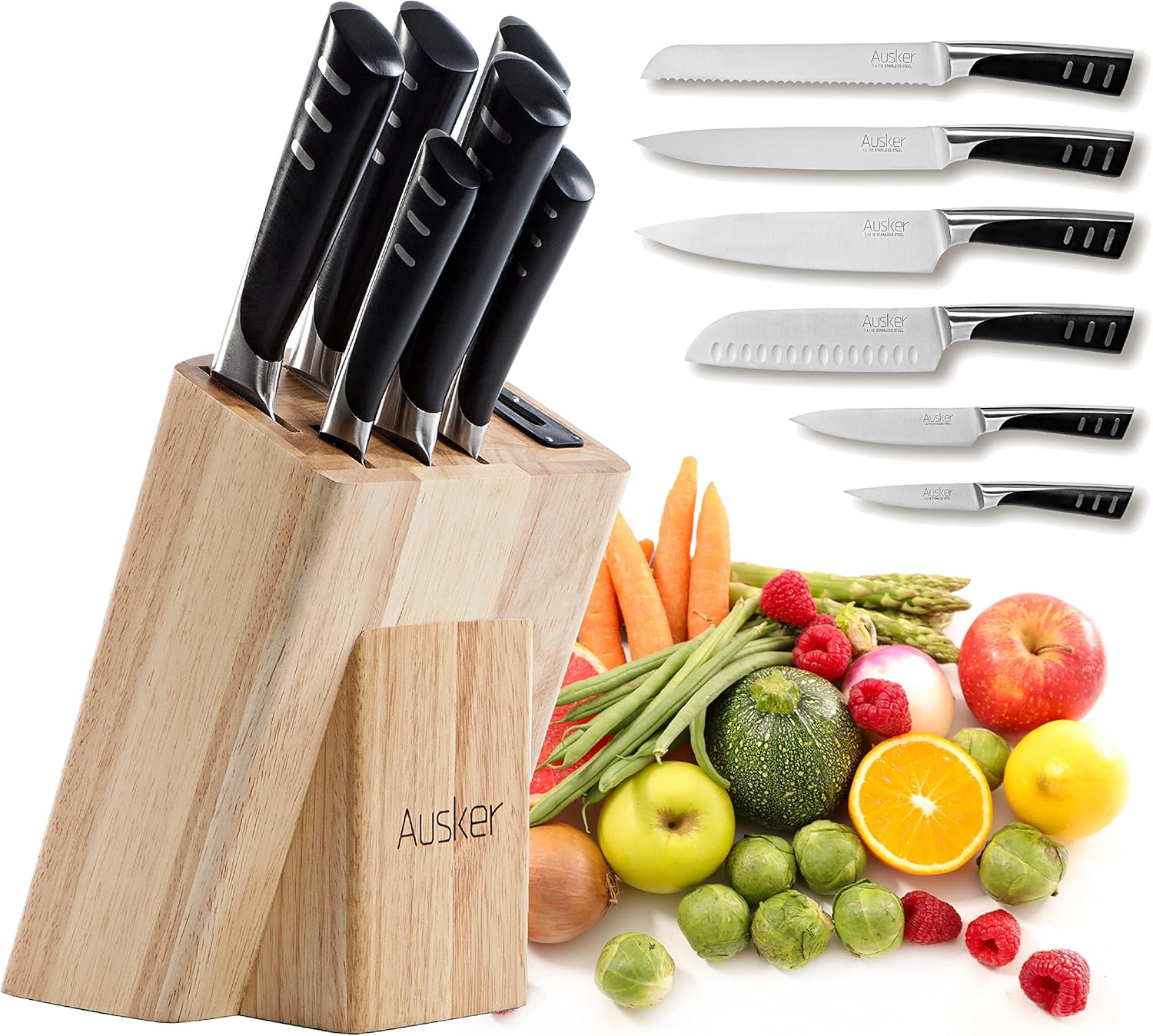 Bloc de Couteaux avec jeu de Couteaux en Acier Inoxydable, Couteau de Chef, Santoku, d'Office, Multifonctions, à Pain et à Viande avec Aiguiseur - Set de 6