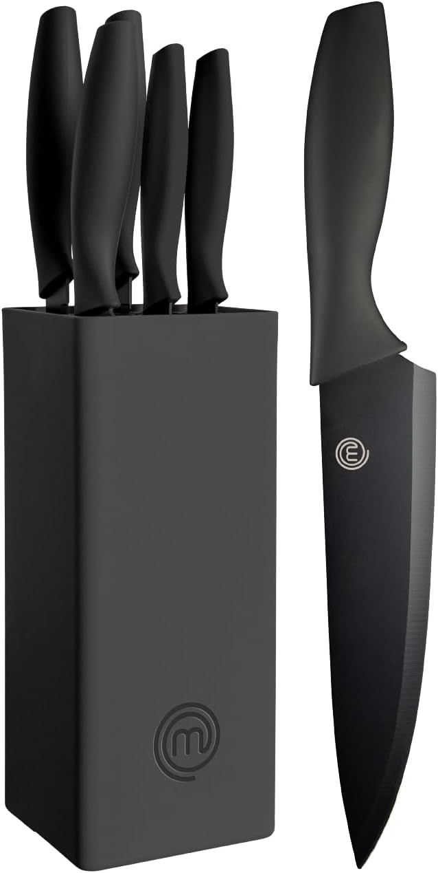 Couteaux de Cuisine avec Bloc, Contient : Couteau d'Office Universel, Couteau à Viande et Pain, Couteau de Chef, Acier Inoxydable, Manche Ergonomique, Noir, Toucher Doux