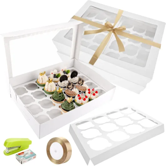 10 Pièces Boîtes à Cupcakes, Cupcake Boîte pour 24 Gâteaux avec Fenêtre, Boîte à Muffins à Cupcakes, Blanc Boite Cupcakes pour Cupcakes, Muffins
