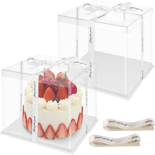 2 Pièces Boite a Gateau Transparente,30x30x25cm Boite Gateau en Plastique avec Ruban, Blanc Boite Transport Gateau avec Transparente Fenêtre, Boîtes de Transport pour Gâteaux Boite Patisserie