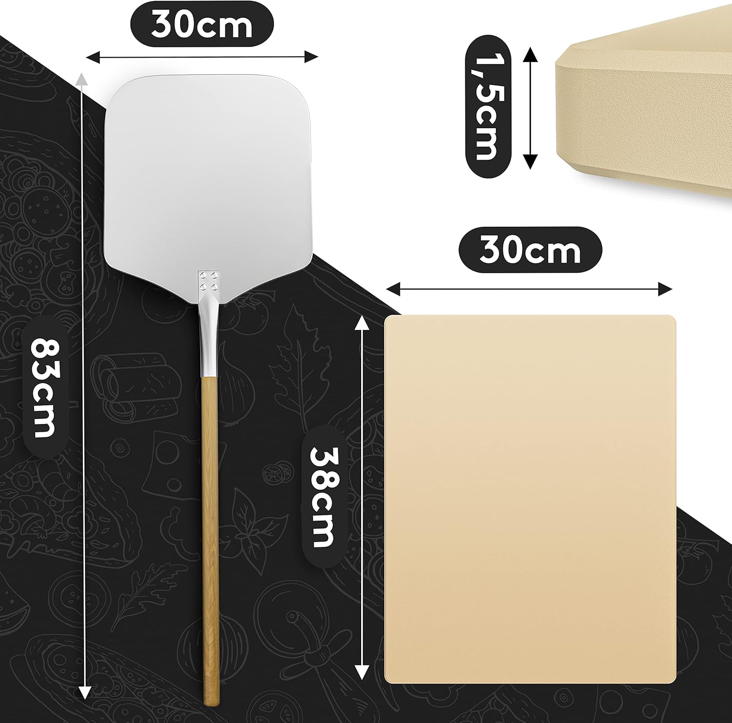 Pizza Divertimento Pierre à pizza pour four - Avec pelle à pizza en bois - Pierre pizza en cordiérite - Pour une base croustillante et une juteuse