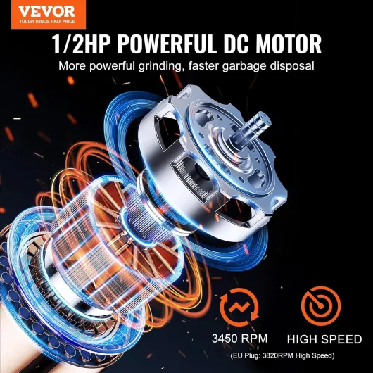 Broyeur à Déchets d'Évier de Cuisine, 1/2 CV, Système Broyage Déchets Alimentaires, Montage EZ, 3820 tr/min, avec Cordon d'Alimentation, Protection contre Éclaboussures pour Maison, Cuisine