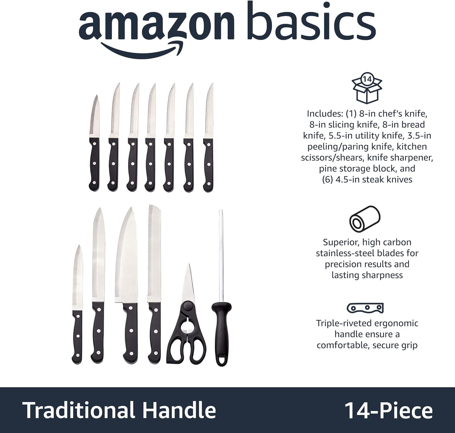Amazon Basics 14-Piece High Carbon Stainless Steel Kitchen Knife Set with Sharpener and Pinewood Block, Black
