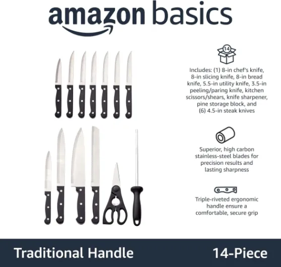 Amazon Basics 14-Piece High Carbon Stainless Steel Kitchen Knife Set with Sharpener and Pinewood Block, Black