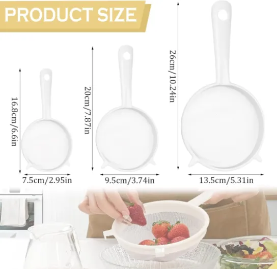 3 Pièces passoire plastique Passoire Cuisine entonnoir cuisine égouttoir Vec Poignée et Trou D’Accroche, Polyv，pour et Légumes, Tamis à Riz Filtrer Le Jus, Le Café, Miel Blanc