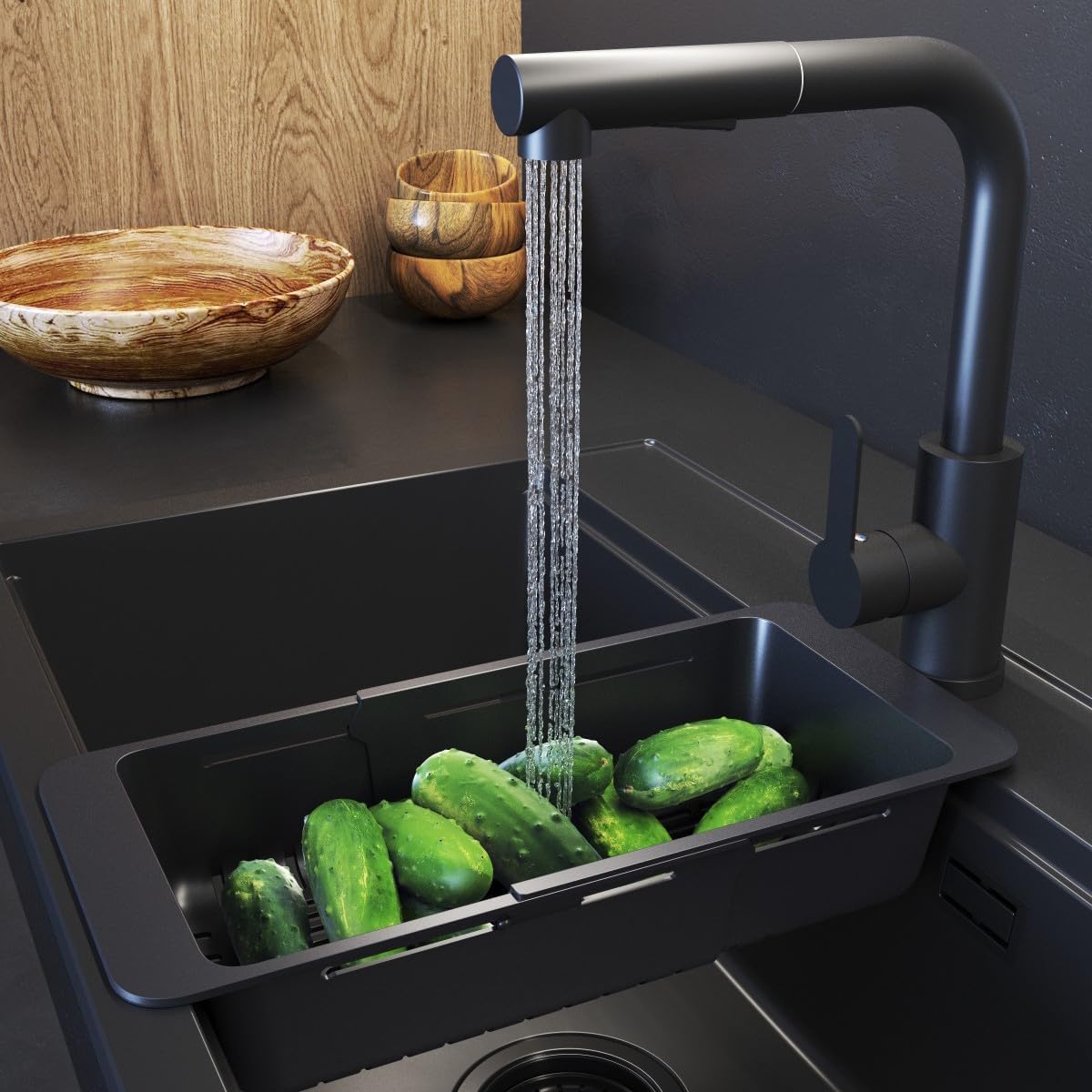 Passoire pour évier pour Fruits et légumes - réglable 32 à 46 cm - Panier à tamis Stable - Passoire en Plastique - Noir - Granitan