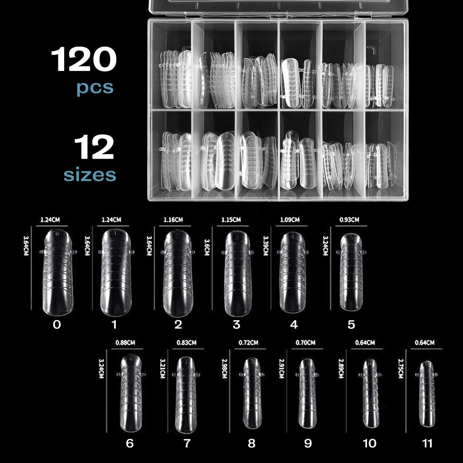 Capsules ongulaires, 12 tailles – Réutilisables, 120 capsules ongles pour des poses multiples, Acrylique Capsules Faux Ongles Transparent Pose Americaine, Pour extensions ongulaires en gel