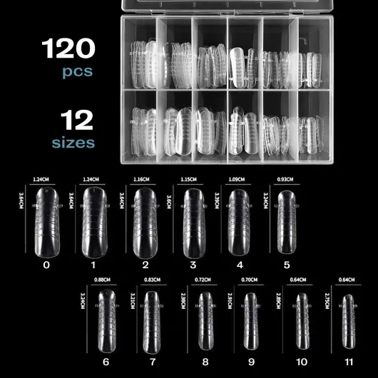Capsules ongulaires, 12 tailles – Réutilisables, 120 capsules ongles pour des poses multiples, Acrylique Capsules Faux Ongles Transparent Pose Americaine, Pour extensions ongulaires en gel
