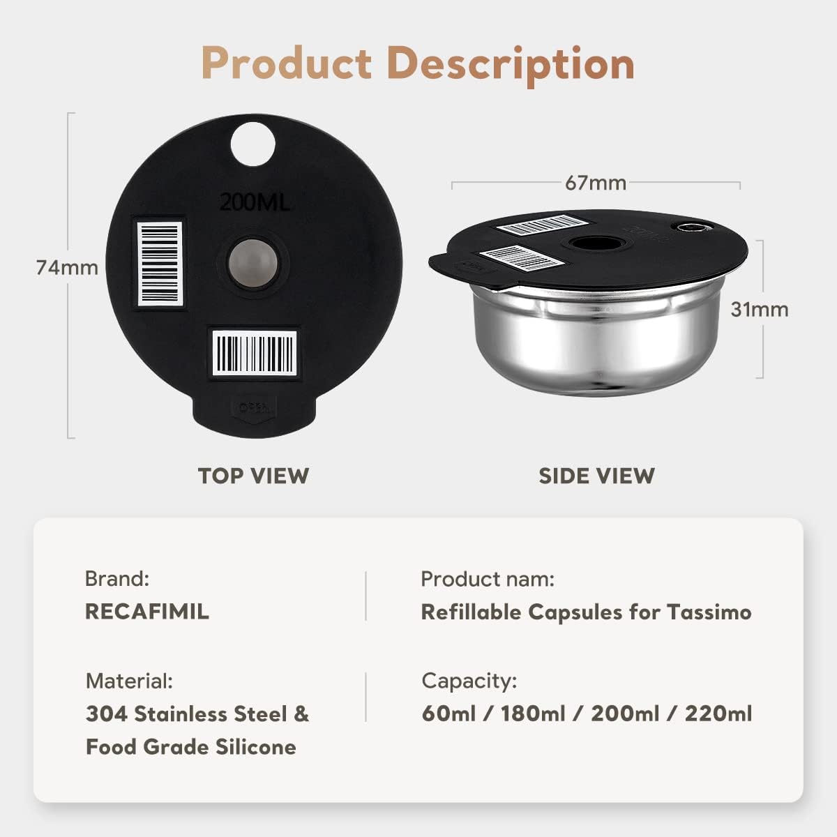 Filtre à café réutilisable avec tamper, dosettes en acier inoxydable avec 4 couvercles en silicone noir, 60/180/200/220 ml, compatible avec les machines Bosch Tassimo