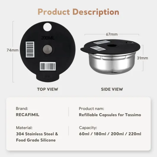 Filtre à café réutilisable avec tamper, dosettes en acier inoxydable avec 4 couvercles en silicone noir, 60/180/200/220 ml, compatible avec les machines Bosch Tassimo
