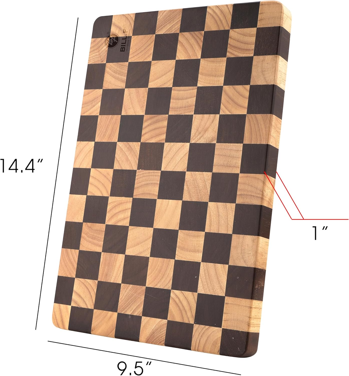 Bill.F Planche à découper en bois avec motif damier et poignées latérales intérieures, 36 x 24 x 2,5 cm, idéale pour découper de la viande, des légumes, du fromage et du pain