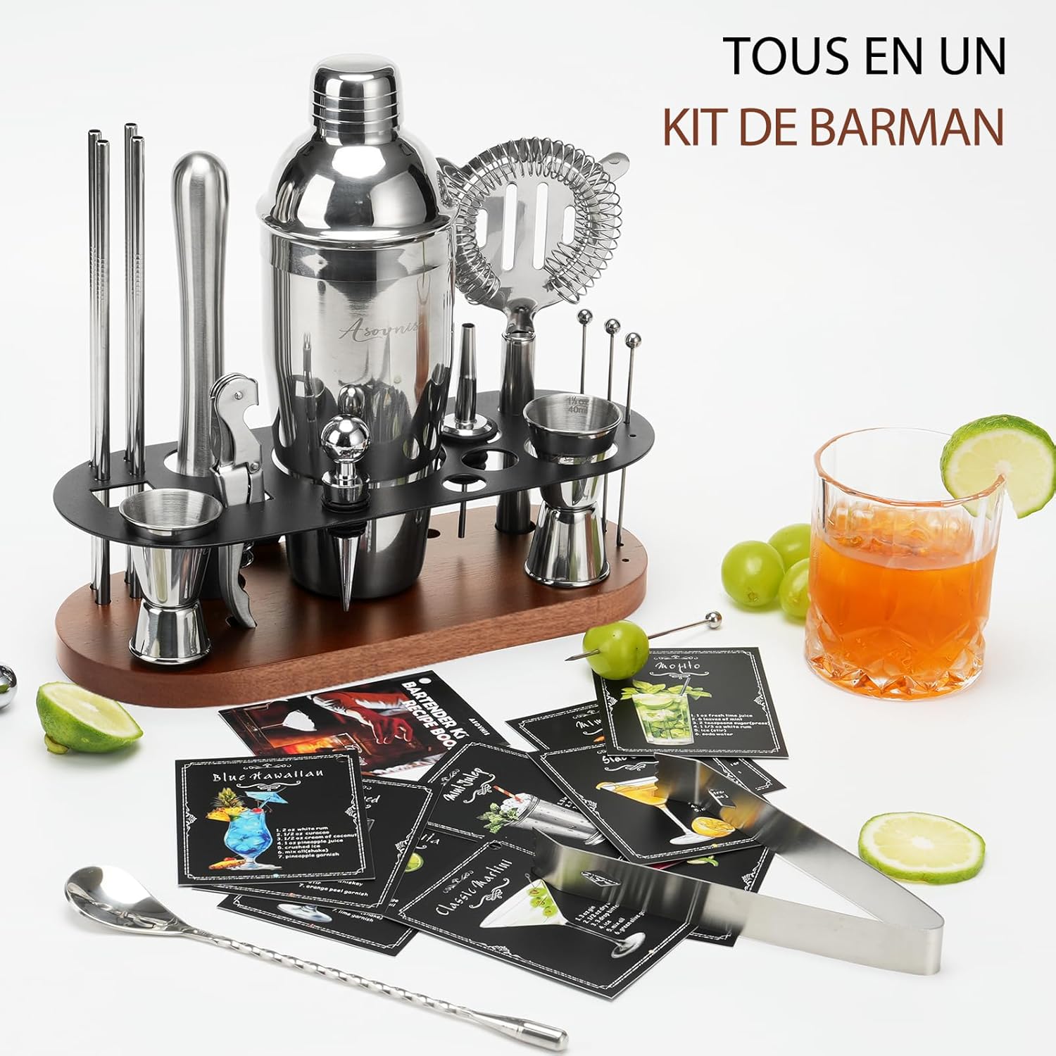 Kit Shaker à Cocktails avec Support - Ensemble de 23 pièces pour Barman avec Tous Les Accessoires Essentiels : Shaker à Martini, doseur, pour la Maison, Le Bar et Les fêtes (Brown-Y)