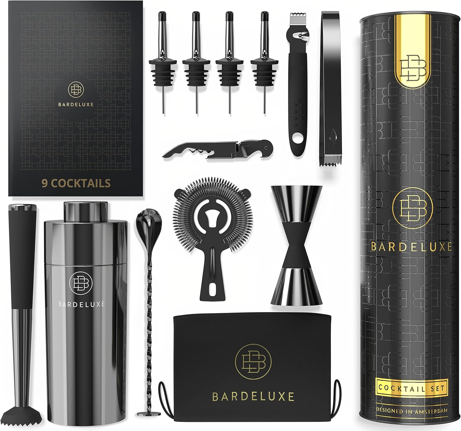 ® Kit Cocktail, 12 Pièces, Kit Cocktail Professionnel - Shaker Cocktail 750ml, Acier Inoxydable - Cocktail Shaker Kit, Kit Barman, Cocktail Kit - Set de Cocktail (Noir)
