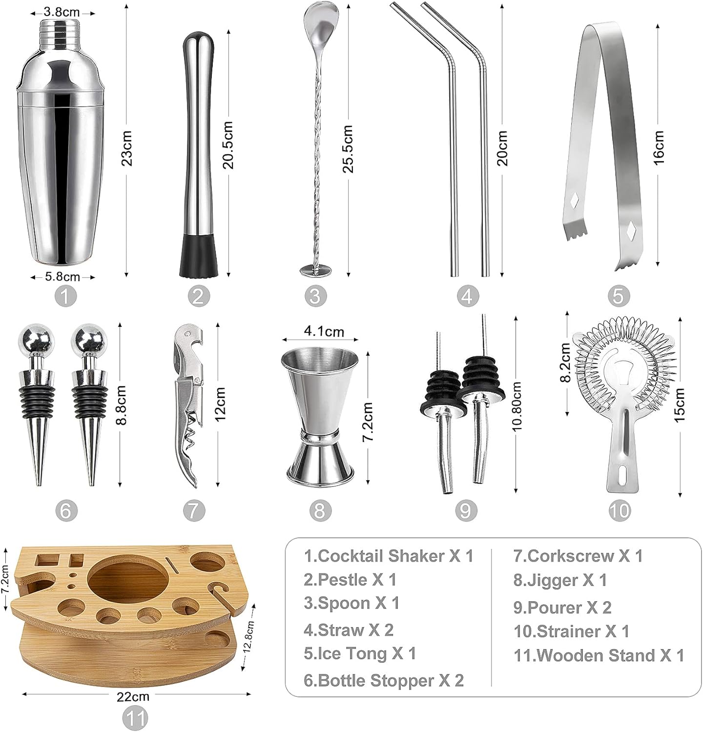 Shaker à Cocktail kit, Cocktail Set 750ML Professionnel 14 Pièces en INOX avec Support en Bois, Ensemble de Cocktail Shaker kit pour Bar, Soirée, Pique-Nique, Mariage, Célébration 14 Pieces