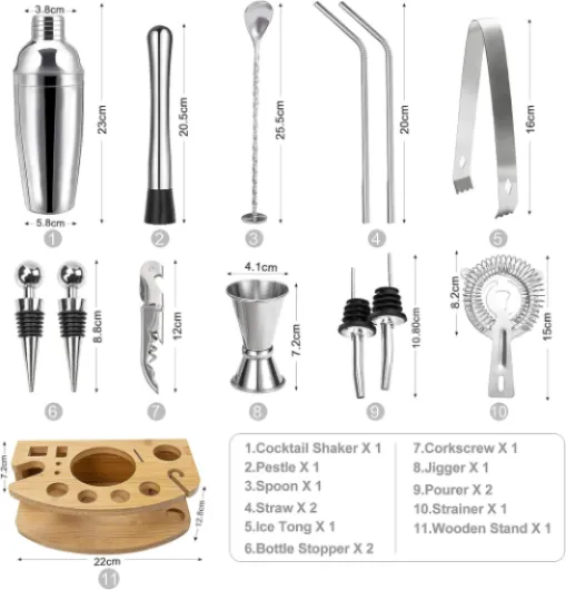 Shaker à Cocktail kit, Cocktail Set 750ML Professionnel 14 Pièces en INOX avec Support en Bois, Ensemble de Cocktail Shaker kit pour Bar, Soirée, Pique-Nique, Mariage, Célébration 14 Pieces