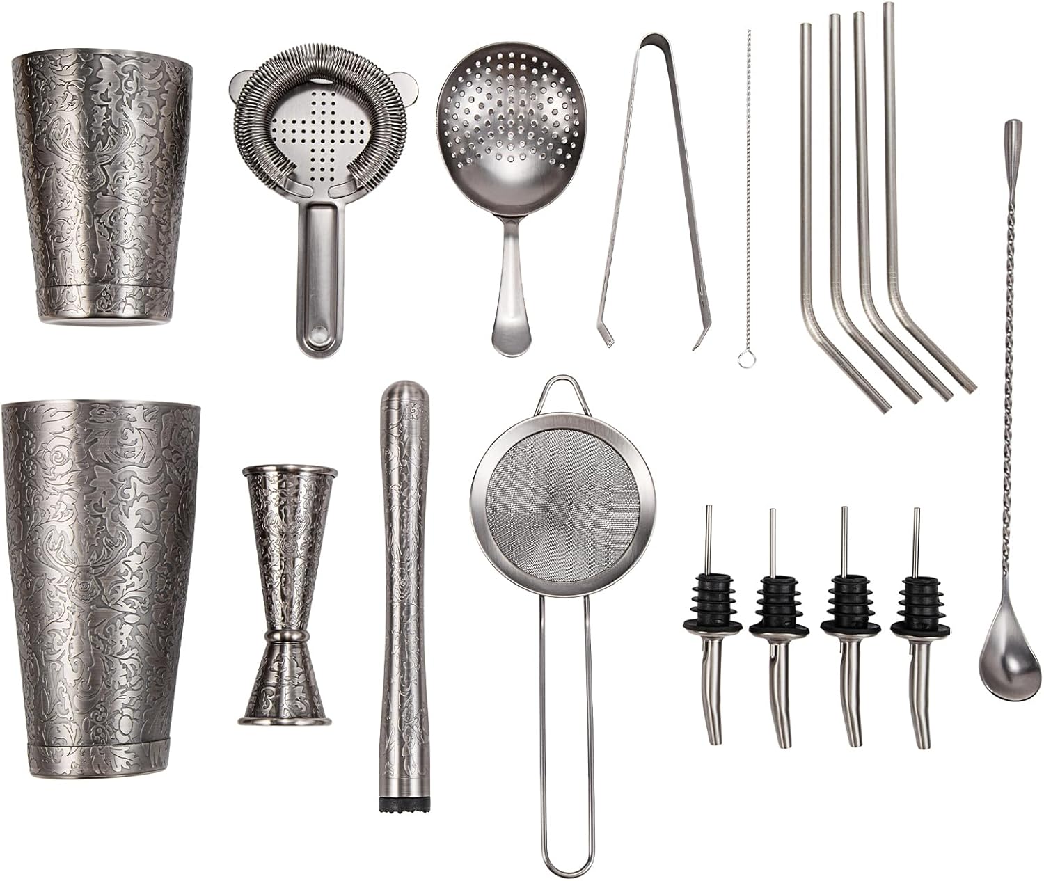 ® Shaker à Cocktail Boston, Ensemble de 18 Pièces pour Barman avec Motifs de Gravure 3D, Kit Cocktail Professionnel, Entretien Facile à la Main, Gris Espace