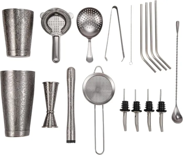 ® Shaker à Cocktail Boston, Ensemble de 18 Pièces pour Barman avec Motifs de Gravure 3D, Kit Cocktail Professionnel, Entretien Facile à la Main, Gris Espace