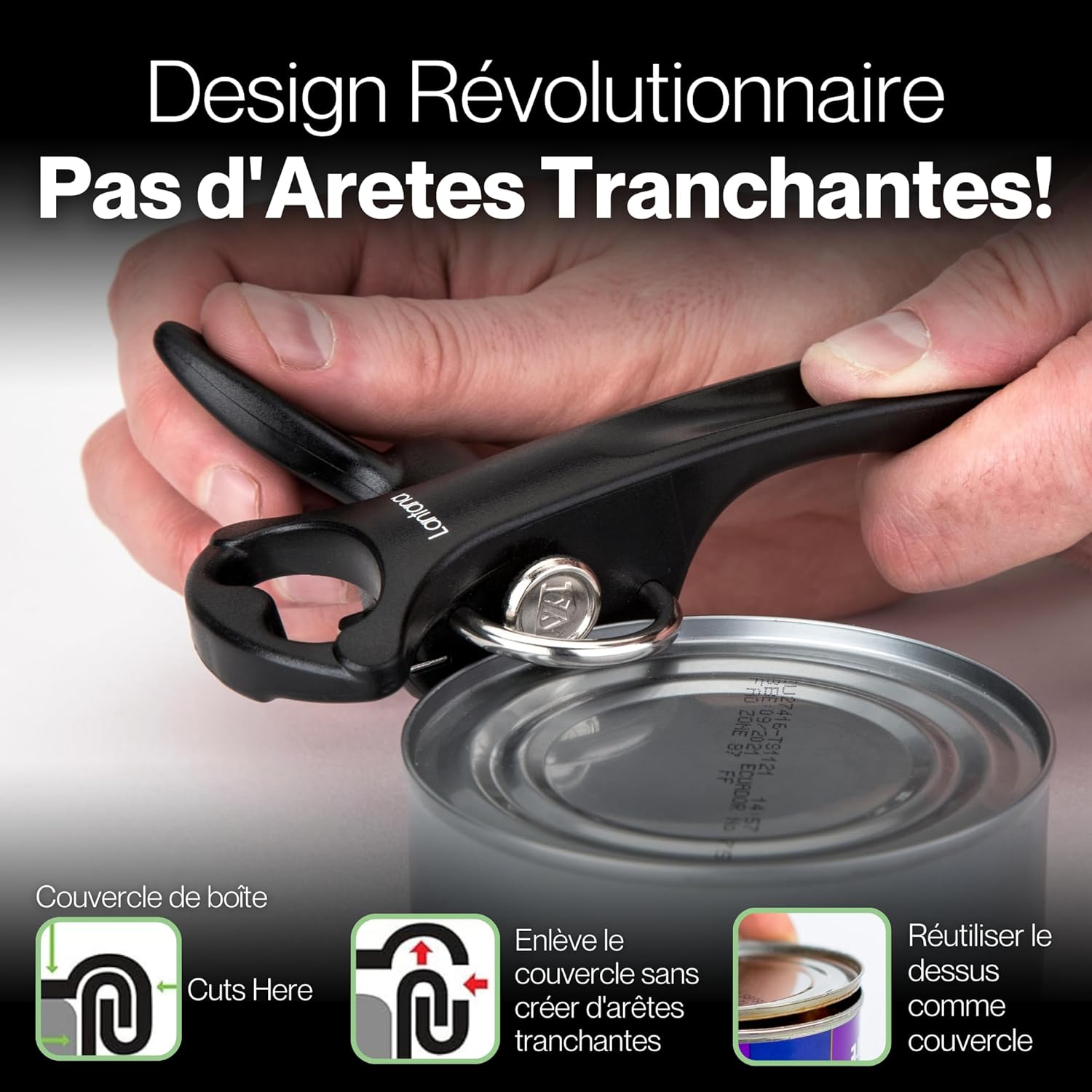 Ouvre-boîte/décapsuleur 2 en 1 - ouverture manuelle simple et sans danger des boîtes de conserves - découpe latérale/évite les bords coupants ou dentelés - noir/acier inoxydable