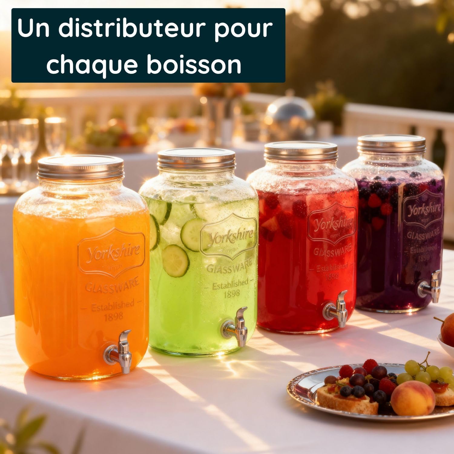 Distributeur Boisson avec Robinet 8 L - Fontaine à Eau et Cocktail - Bol à Punch - Jarre en Verre pour Limonades - Bonbonne - Bocal pour Sublimez vos Fêtes et Anniversaires
