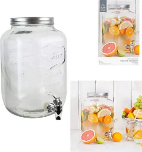 , KV7177, Fontaine à boisson en verre avec large ouverture et robinet de service, idéale pour toute la famille, parfaite pour vos boissons - Contenance : 8 L 8 Litres