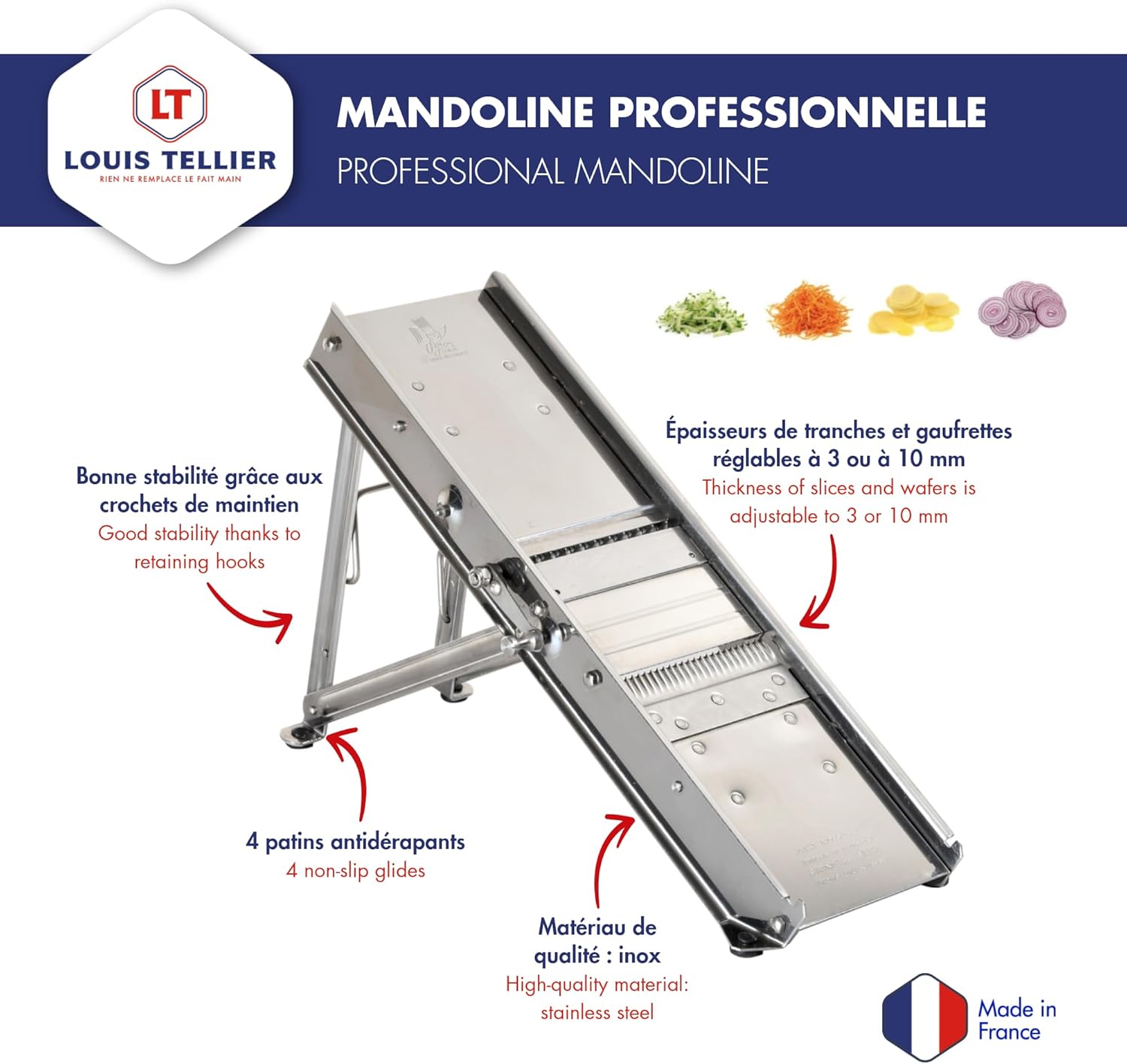 Mandoline Inox Professionnelle avec Chariot pour Frites et Julienne – 2 Blocs Effileurs de 3 et 10 mm – Lame Lisse et Gaufrée – Réglable – Multifonction - Fabriqué en France