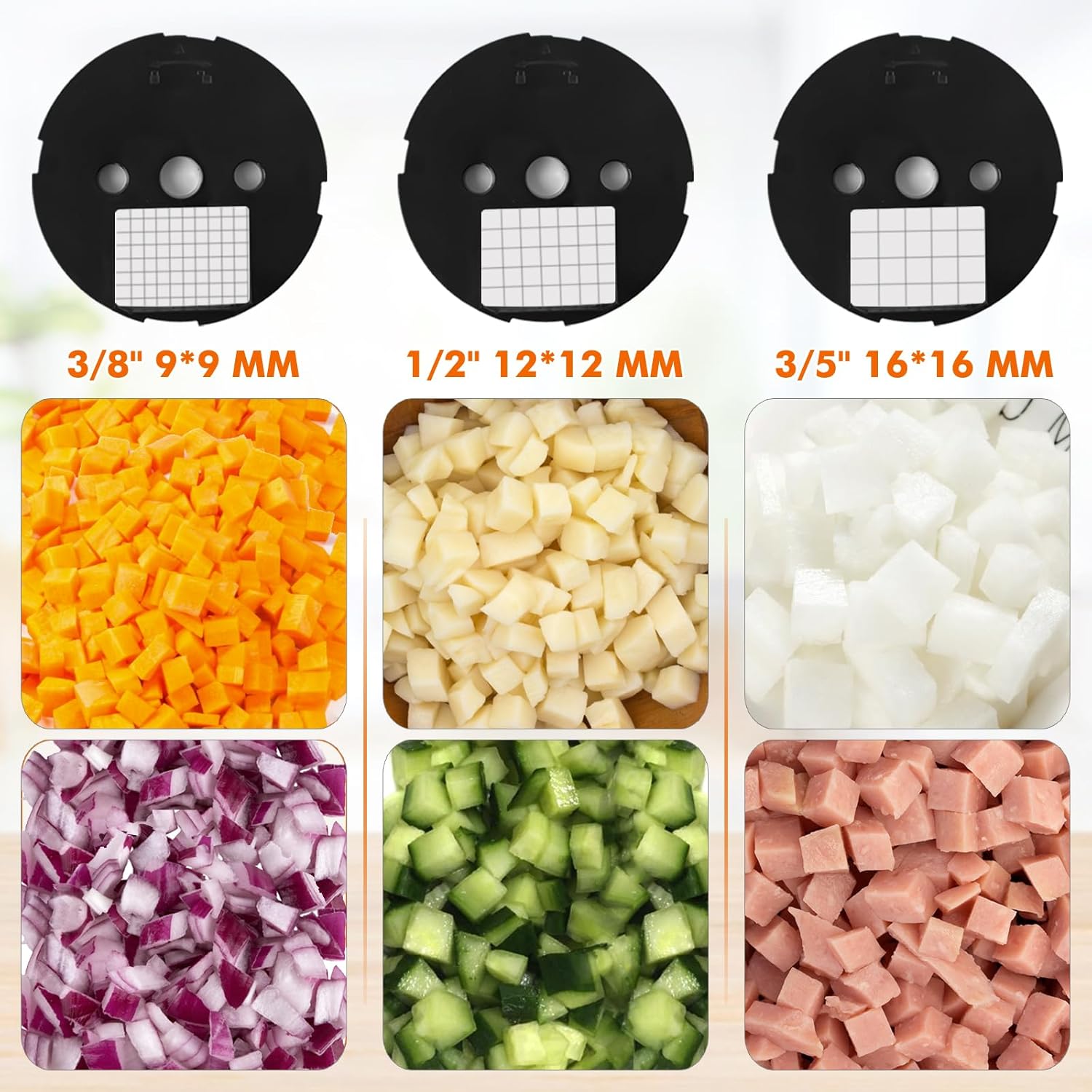 Coupe Légumes en Cubes Électrique Coupe Fruits Professionnel avec 3 Lames en Acier Inox pour Pomme de Terre Carotte Oignon 100W 220V 3 en cubes