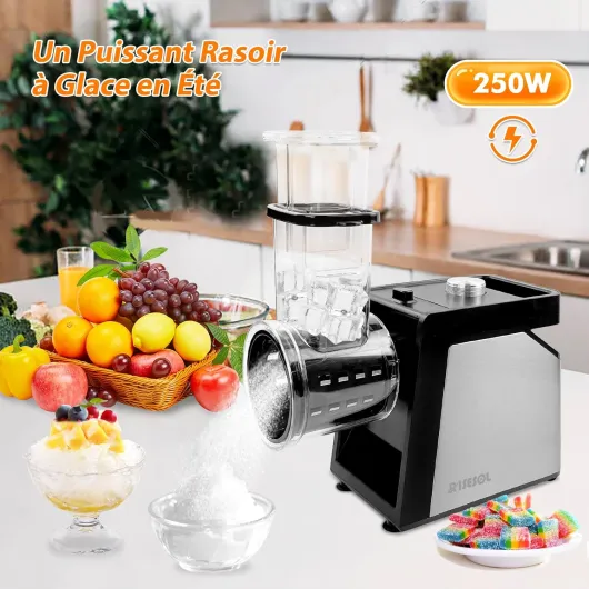 7 en 1 Coupe Légumes Électrique Broyeur à Glace Rape à Fromage Carottes Acier Inox avec 7 Lames 250W Trancheuse de Légumes Professionnel de Cuisine Multifonctions 220V Fiche UE