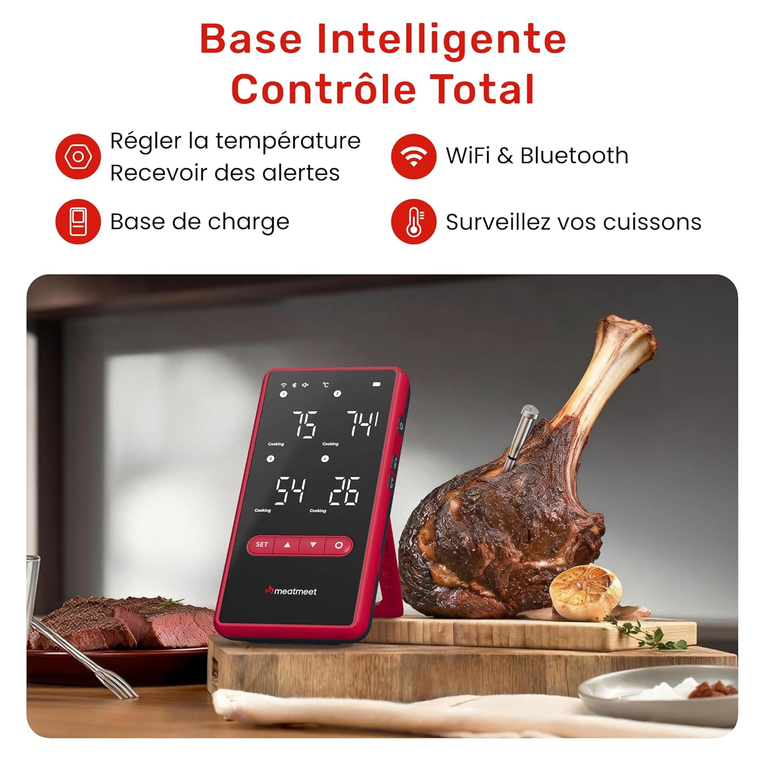 Z Pro Thermomètre à viande avec Wi‑Fi et Bluetooth, 4 sondes, 6 capteurs, étanche IP69, résistant jusqu’à 595 °C, idéal pour le BBQ, le grillage, les fumoirs, les fours et la cuisine
