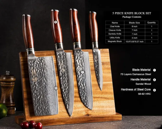 5 Pièces Set Couteau Cuisine, Acier Damas 73 Couches Avec Poignée en Bois, Ensemble de Couteaux Professionnel Avec Bloc en Bois - Série HTT knife set with magnetic block 5-Piece