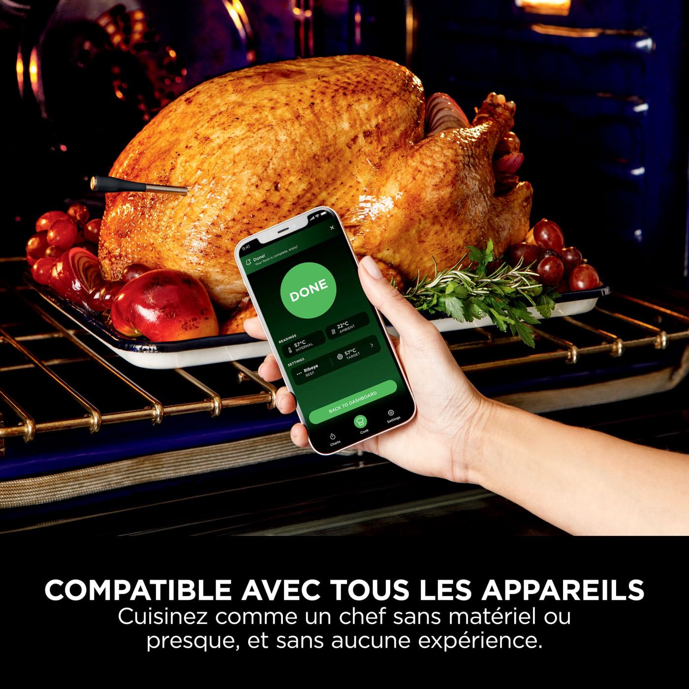 ProChef Sonde thermomètre à viande sans fil intérieur/extérieur, grillades et fritures sans huile avec portée Bluetooth de 50 m, autonomie 30 heures, connectée à l'app et étanche WP100EU
