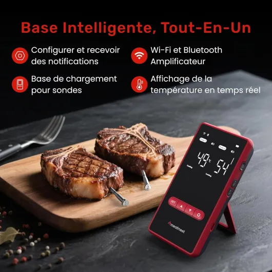 X Pro Thermomètre à Viande Intelligent Bluetooth et WiFi, 2 Sondes 6 Capteurs, Grand Écran LED, Étanche IP69​, résistant à la chaleur jusqu'à 582°C, pour cuisine et barbecue