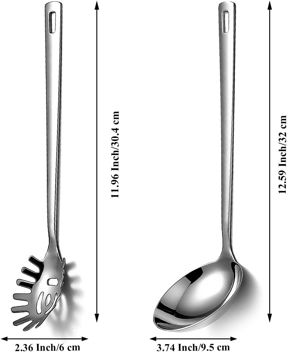 Louche inox et ensemble de fourchette à pâtes 2 pièces, ustensiles de cuisine pour cuisiner, remuer, servir des spaghettis, de la soupe, de la sauce, compatibles lave-vaisselle