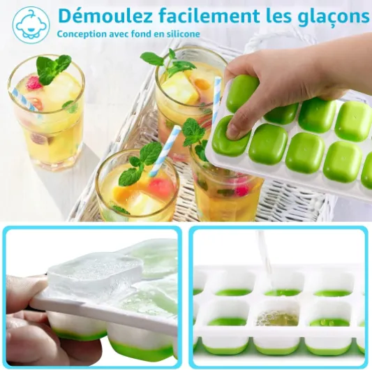 Bac à Glaçons, Lot de 4 Moule à Glaçons avec Couvercle, 14 Bac à Glaçons en silicone, certifié LFGB et sans BPA Bleu Vert Rose Orange