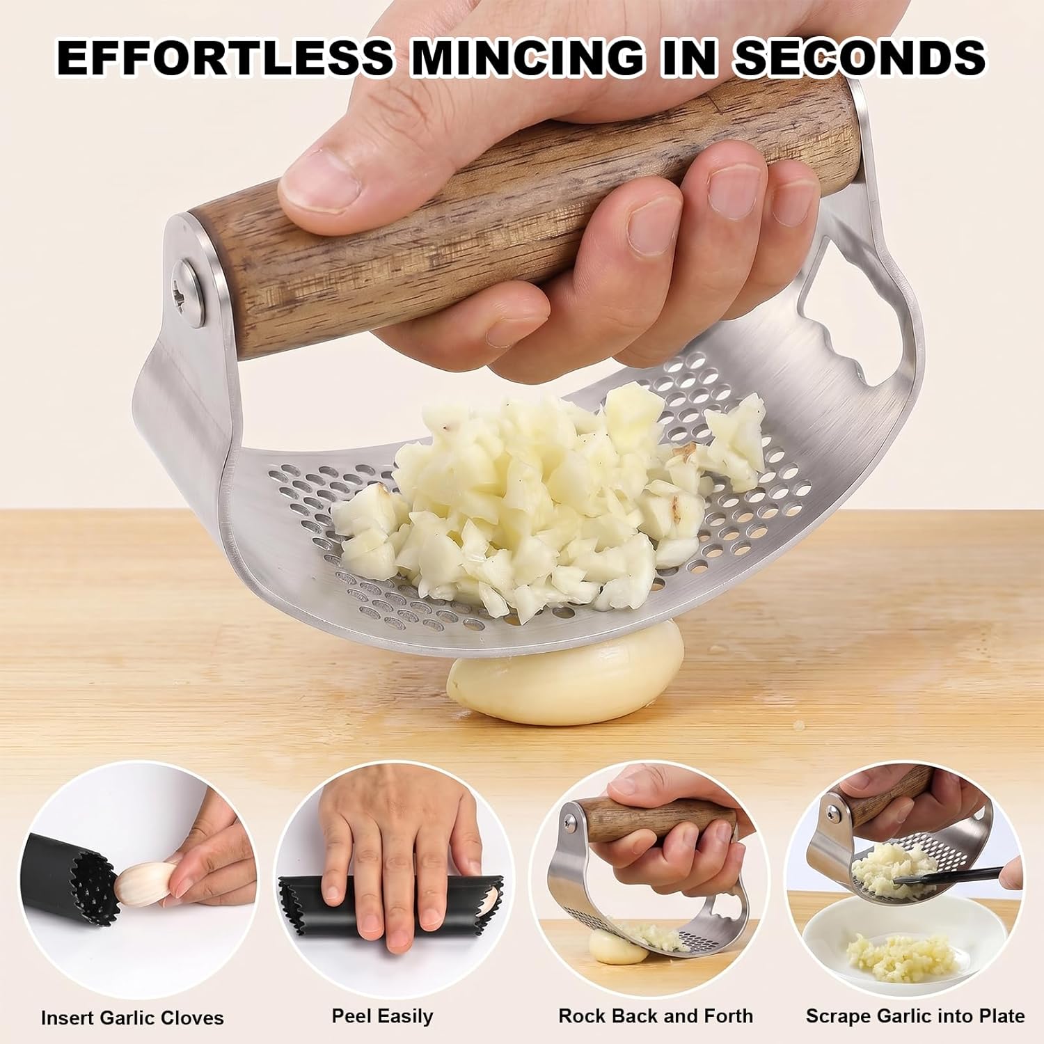 Presse Ail Inox avec Manche Ergonomique en Bois, 2-en-1 Ecrase Ail et Décapsuleur, Inclus Éplucheur Silicone, Brosse de Nettoyage pour Hacher Facilement Gingembre