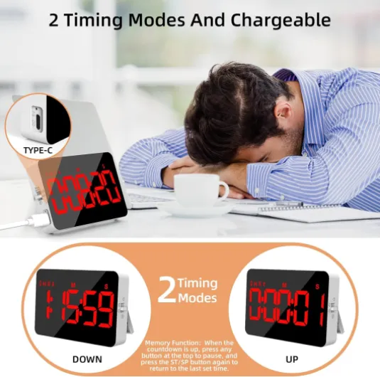 Minuteur de Cuisine LED Rechargeable - Chronomètre & Compte à Rebours Digital, Luminosité et Volume Réglables, Aimanté pour Cuisine, Réunion, Classe (Câble de Charge Inclus) Rouge