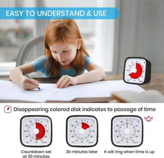 Minuteur Visuel avec étui de Protection, Yunbaoit Mis à Niveau Compte à Rebours de 60 Minutes pour Enfants et Adultes avec Rappel de Batterie Faible, Outil de Gestion du Temps Silencieux(Noir)