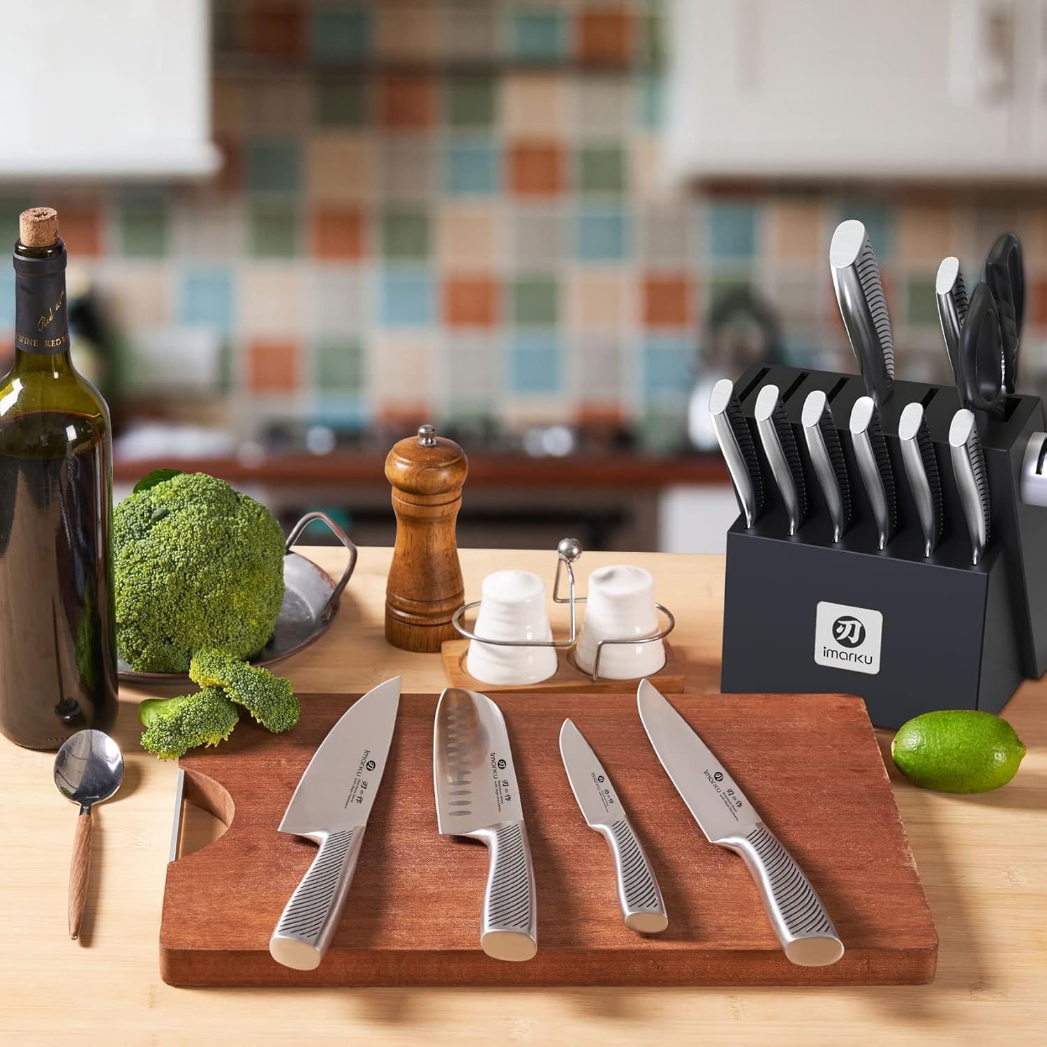 Couteau Cuisine Professionnel, Set de 14 Couteaux de Cuisine en Acier Inoxydable, Bloc à Couteaux avec Aiguisoir, Poignée Ergonomique, Cadeau Fête des Pères Coffret de 14 couteaux de cuisine A31 black