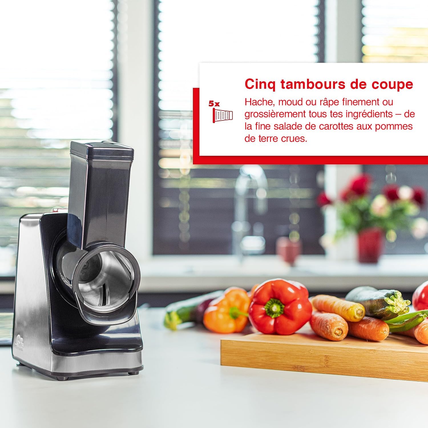 Slice & More 8401 Coupe-légumes Électrique, Polyvalent, Trancheuse en Spirale, Râpe à Légumes avec 5 Tambours de Coupe, en Acier Inoxydable/Plastique, 350 W, Argenté/Noir