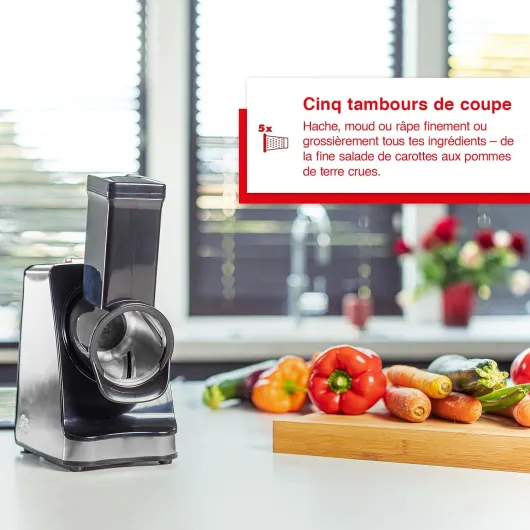 Slice & More 8401 Coupe-légumes Électrique, Polyvalent, Trancheuse en Spirale, Râpe à Légumes avec 5 Tambours de Coupe, en Acier Inoxydable/Plastique, 350 W, Argenté/Noir