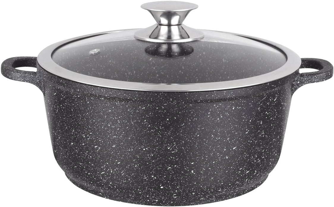 Marmite Faitout 24 cm - Fonte d'Aluminium - Revêtement Type Pierre - Couvercle en Verre - Tous Feux dont Induction - Sans PFOA - 0008032, Noir 4,2 Litres