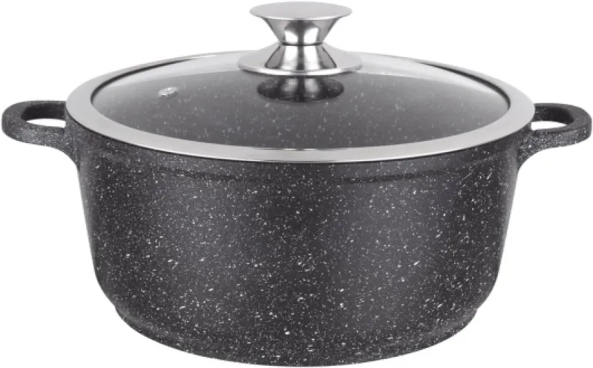 Marmite Faitout 24 cm - Fonte d'Aluminium - Revêtement Type Pierre - Couvercle en Verre - Tous Feux dont Induction - Sans PFOA - 0008032, Noir 4,2 Litres
