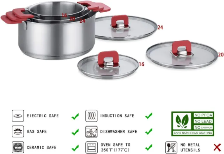 Batterie de Cuisine à Induction 3 Pièces en Acier Inoxydable - avec Couvercle Empilable, Poignée au Toucher Doux - 16/20/24 cm Acier Inoxydable Batterie de Cuisine