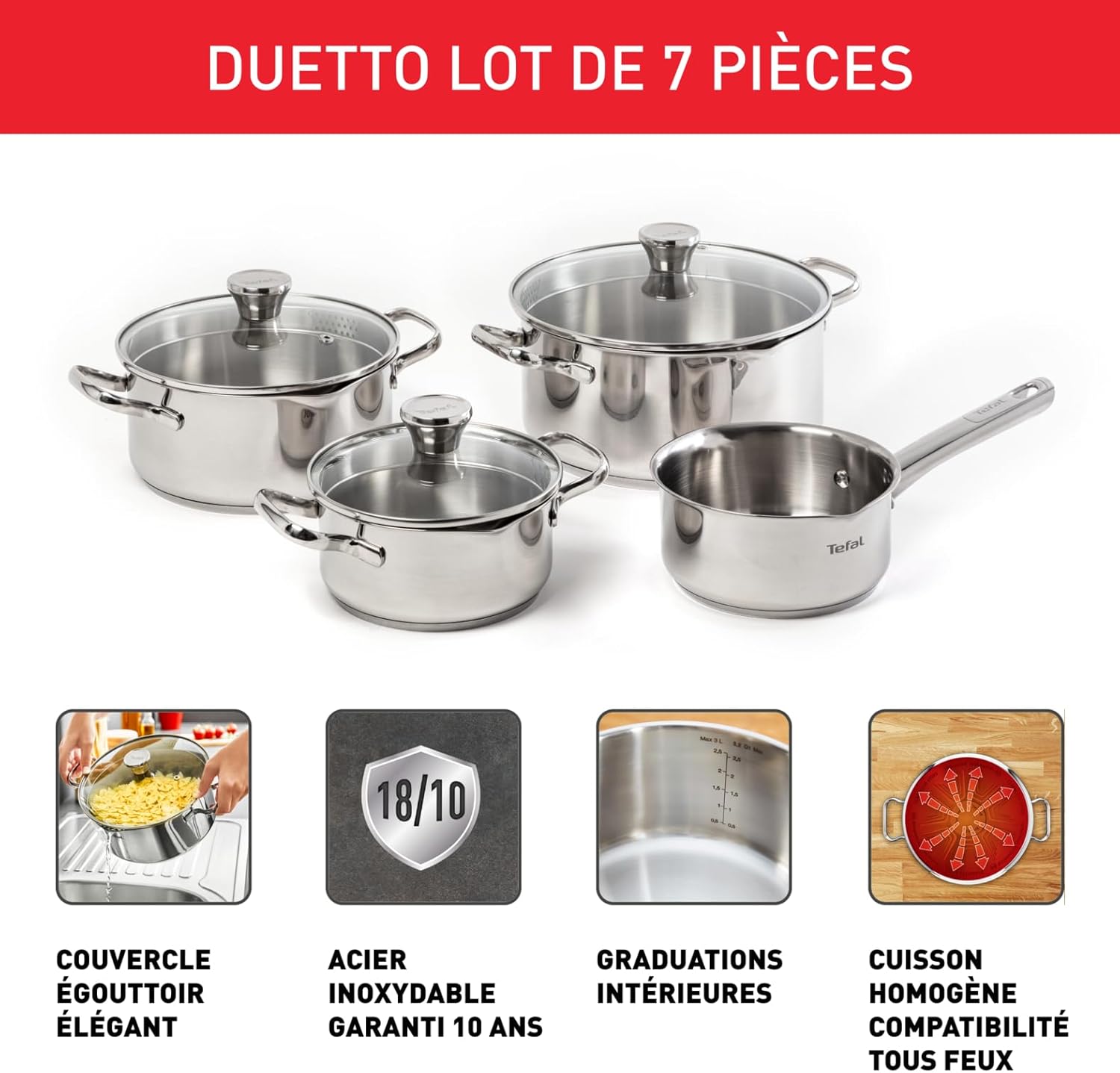 Batterie de Cuisine 7 pièces, Casserole 16 cm, Faitouts 16/20/24 cm + couvercles, Induction, Inox, Duetto A705A835