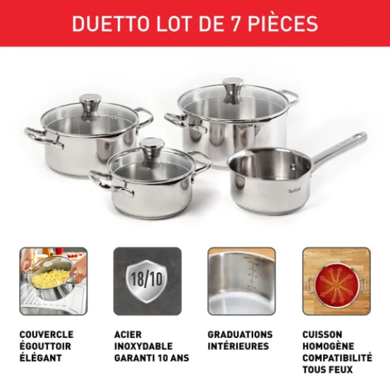 Batterie de Cuisine 7 pièces, Casserole 16 cm, Faitouts 16/20/24 cm + couvercles, Induction, Inox, Duetto A705A835