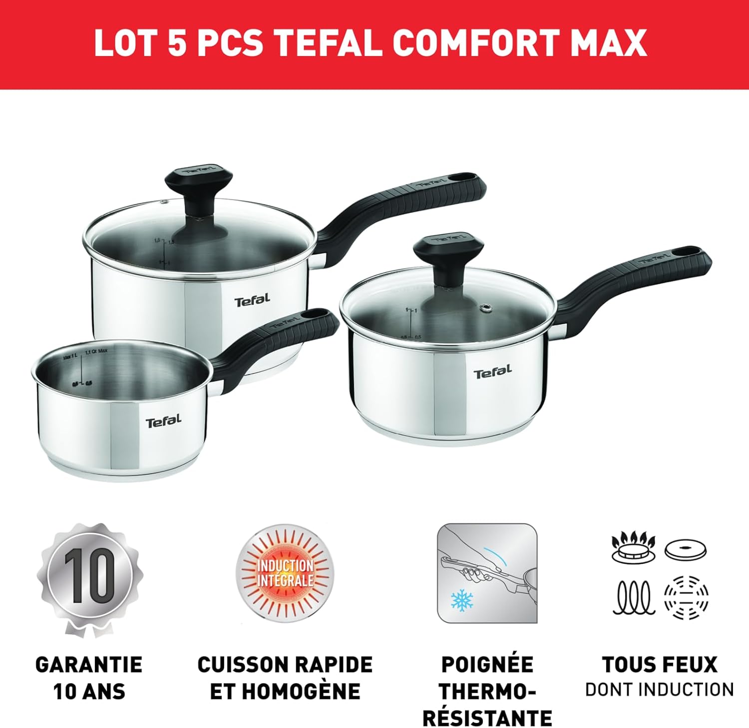Comfort Max Lot de 3 casseroles 14/16/18 cm + 2 couvercles verre 16/18 cm, Induction, Inox haute qualité, Poignées thermo-isolées, Garantie 10 ans C973S344 14/16/18cm