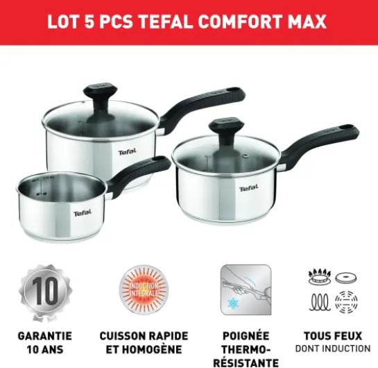 Comfort Max Lot de 3 casseroles 14/16/18 cm + 2 couvercles verre 16/18 cm, Induction, Inox haute qualité, Poignées thermo-isolées, Garantie 10 ans C973S344 14/16/18cm